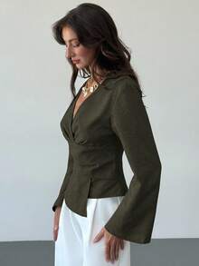 Aloruh New Stylish Commuter Waist Ruched Asymmetric Hem Long Flare Sleeve V-Neck Pullover Blouse - Army Green - View 4