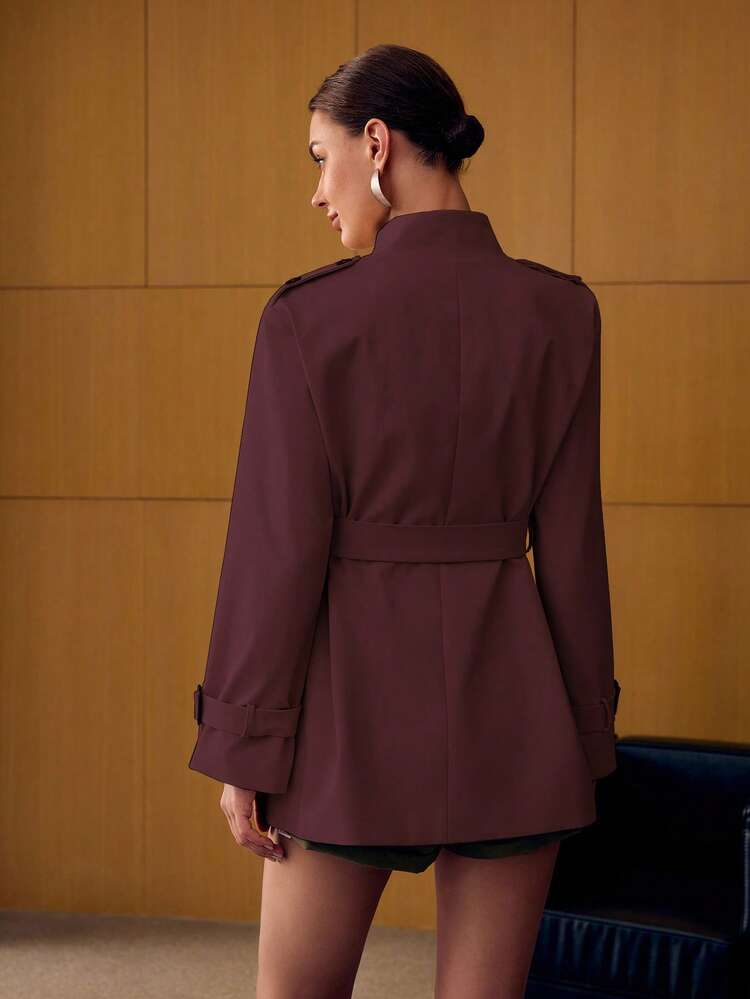 ASYMMETRICAL COLLAR DESIGN LOOSE WAIST CROPPED TRENCH COAT