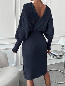 EMERY ROSE Elegant Navy Blue Winter Knit Dress,Cable Knit Batwing Sleeve Split Hem Wrap Sweater Skirt Set,Everyday Date Two Pieces Outfit Long Sleeve Co Ord Set - Navy Blue - View 2