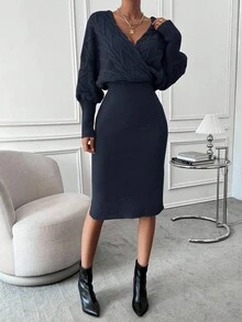 EMERY ROSE Elegant Navy Blue Winter Knit Dress,Cable Knit Batwing Sleeve Split Hem Wrap Sweater Skirt Set,Everyday Date Two Pieces Outfit Long Sleeve Co Ord Set - Navy Blue - View 3