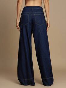 WESTFADE 中腰宽松阔腿纯棉牛仔裤，适合返校季，可爱秋装，夏季乡村音乐会 - 深色水洗藍 - 查看 2