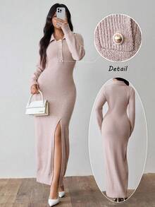 Rafferiza Dusty Pink Elegant Autumn Everyday Women's Mixed Yarn Lapel Metal Button Loose Casual Split Hem Sweater Dress,Fall Winter Long Party Wedding Guest - Khaki - View 1
