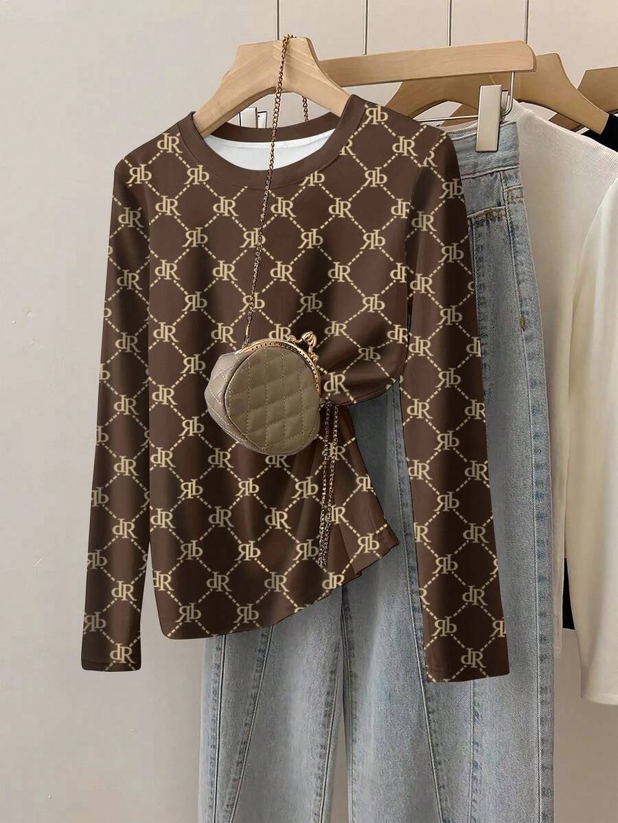 SHEIN Kaos Lengan Panjang Wanita Kasual dengan Motif Cetak Seluruh Permukaan dan Kerah Bulat, Musim Gugur - Coffee Brown - View 1