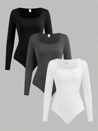 SHEIN Girlism Tuta casual con collo quadrato e maniche lunghe, di colore unito, per ragazze adolescenti