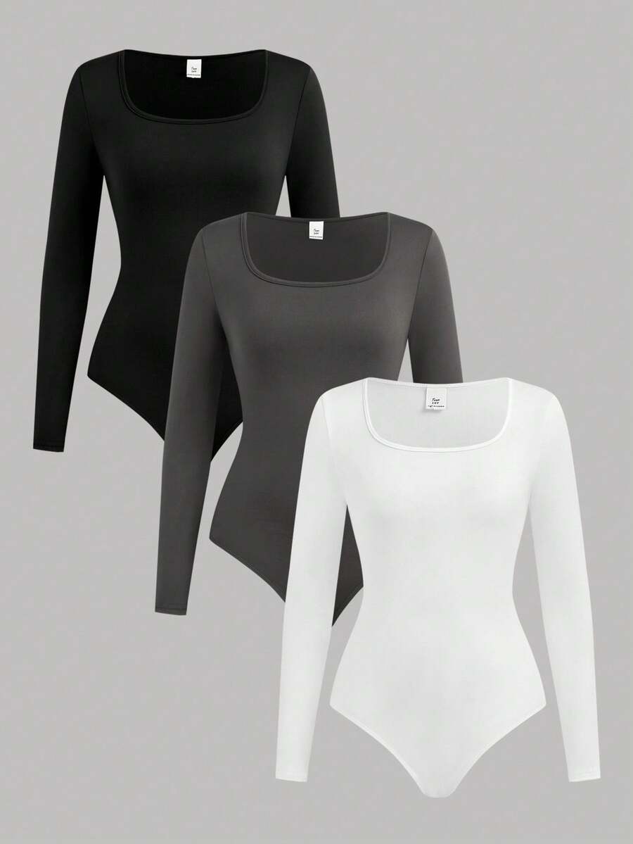 SHEIN Girlism Teen Girl Solid Color Square Neck Long Sleeve Casual Jumpsuit Fall Winter - Grey - View 1