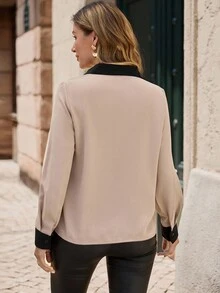 EMERY ROSE Colorblock Contrast Collar Blouse,Long Sleeve Tops - Apricot - View 2