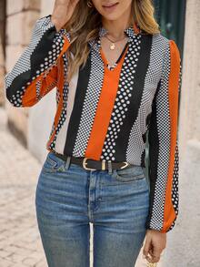 EMERY ROSE Polka Dot Notched Neckline Blouse,Long Sleeve Tops - Multicolor - View 4