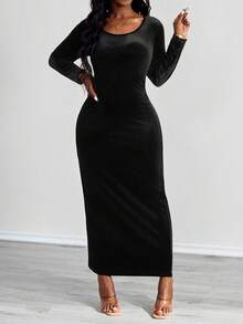 SHEIN PETITE CURVE Petite Plus Solid Scoop Neck Bodycon Dress - Black - View 3