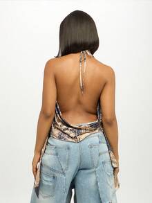 SUMWON WOMEN Vintage Shell Print Draped Halter Top Elegant Flowy Asymmetrical Cowl Neck Summer Evening Party Beachwear Resort Scarf Style Festival