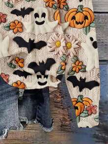 SHEIN LUNE Lässiger minimalistischer Plüsch-Halloween-Geister, Kürbisse, Fledermäuse, süße Gänseblümchen & Blumen Allover-Muster Loose Fit Crew Neck Langarm Sweatshirt für Damen, geeignet für Herbst/Winter, Halloween, Herbst - Verschiedenfarbig - Übersicht 3
