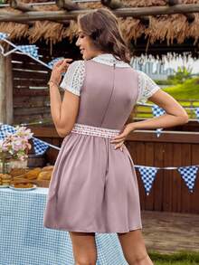 LanaWest Oktoberfest Sleeveless Sweetheart Neck Contrast Color Patchwork A-Line Tie Waist Bowknot Elegant Romantic Chic Women Mini Dress, Dirndl