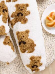 SHEIN 年轻女孩休闲可爱熊图案拉链 3D 耳朵设计连帽泰迪连体衣，羊毛连帽长袖睡袍睡衣，外穿。 - 白色 - 查看 6