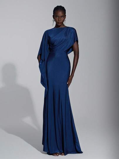Elitara Elegant Luxurious Navy Blue Satin Ruffle Sleeve Sexy Slit Fishtail Bridesmaid Dress