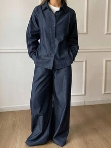 DAZY Women's Waist Cinched Back Tie Loose Denim Shirt And Wide Leg Jeans Casual Denim Suit - Dark Wash - View 6