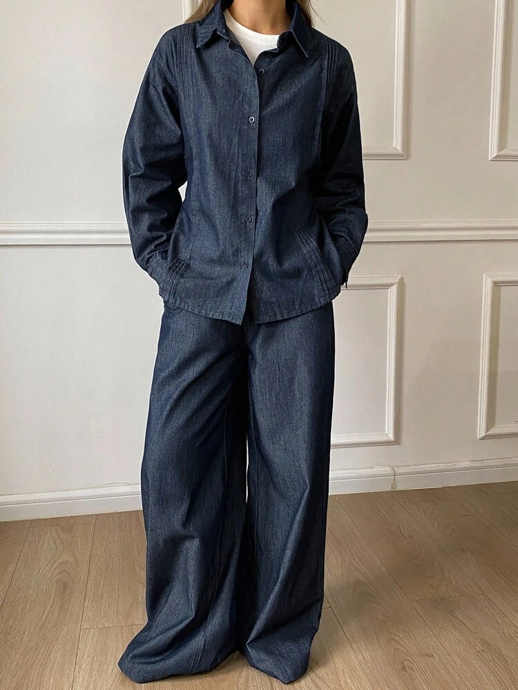 Women's Waist Cinched Back Tie Loose Denim Shirt And Wide Leg Jeans Casual Denim Suit