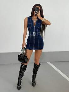 StreetHx Women's Sleeveless Zipper Collar Pocket Design Fitted Denim Dress - Dark Wash - View 7