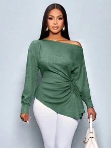 SOLERSUN Damen Bluse mit asymmetrischem Kragen, Langarm, seitlichem Tunnelzug und Raffung in Unifarbe