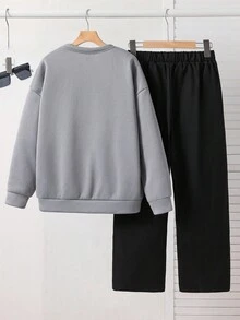 SHEIN 2件套青少年男孩休闲舒适百搭圆领长袖运动衫和直筒裤套装 - 彩色 - 查看 6