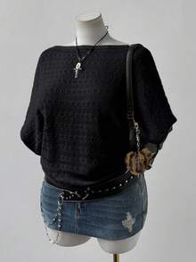 Sunspun Plus Size Women's Fashionable & Elegant Bohemian Style Hollow Out Short Sleeve Loose Knit Top, Suitable For Vacation, Spring/Summer/Autumn - Black - View 5