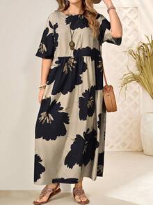 Rosumi Plus Size Short Sleeve Waist Pleated Split Side Dual Pocket Music Festival Bohemian Floral Print Dress For Women, Suitable For Spring & Summer Summer Dresses For Women Vacation Outfits Woman,Maxi Dress Floral Maxi Dress Plus Size Floral Maxi Dress Summer Dresses For Women,Flowy Dress