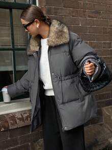 DAZY 女士毛领拉链前开抽绳腰休闲冬季外套女式大衣 - 灰色 - 查看 1