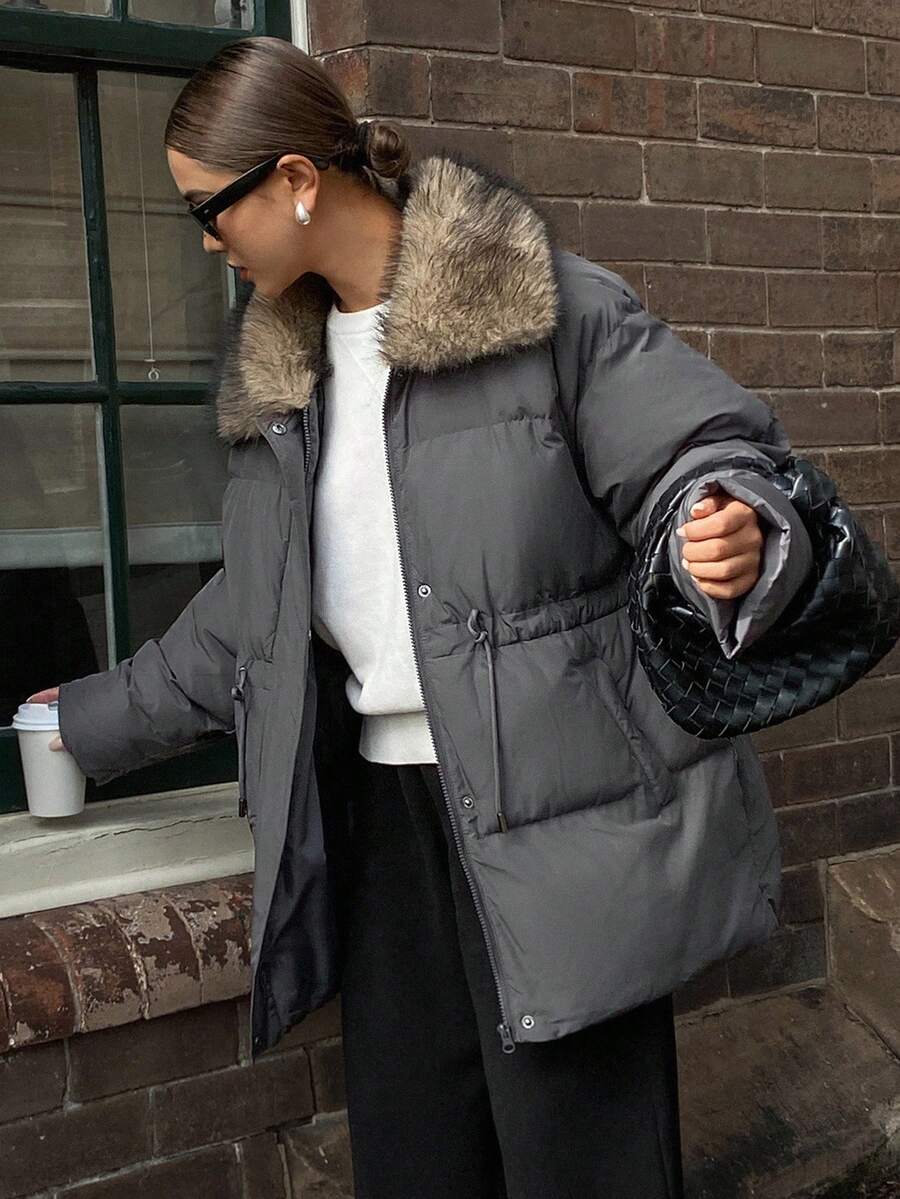 DAZY 女士毛领拉链前开抽绳腰休闲冬季外套女式大衣 - 灰色 - 查看 1