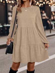 EMERY ROSE Casual Commuter Solid Color Lantern Sleeve Dress - Apricot - View 6