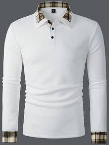 Manfinity Homme 男士格子印花纽扣休闲时尚长袖 Polo 衫，男士白色和棕色衬衫，男士长袖 Polo 衫，白色 Polo 衫，男士翻领衬衫，格子饰边 Polo 衫，秋季 - 白色 - 查看 4