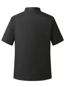 Manfinity Homme 男士简约前扣立领短袖厨师衬衫，夏季 - 黑色 - 查看 2