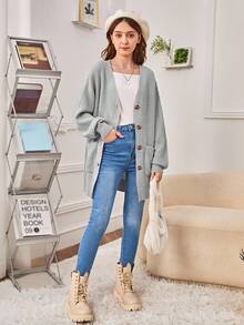 SHEIN Cárdigan de manga larga con cuello en V de color gris sólido para adolescentes en otoño/invierno - Gris - Ver 3