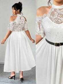 Elenzga 加大码蕾丝拼布弹力针织面料露肩短袖荷叶边饰腰部喇叭下摆休闲度假派对中长连衣裙 - 白色 - 查看 1