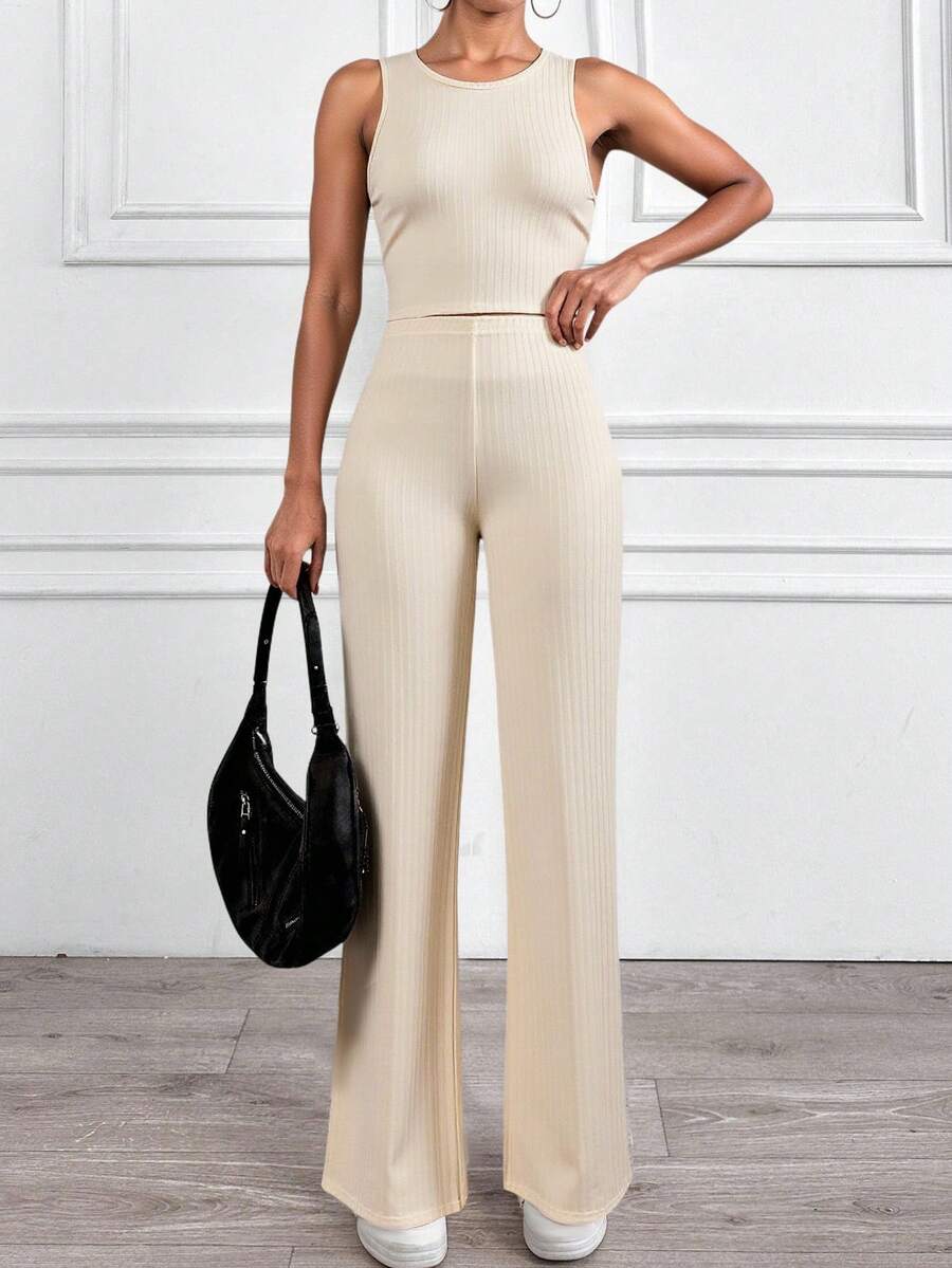 ZIRRA 2 Peças Conjunto Casual Feminino de Top Regata e Calça em Cor Sólida - Damasco - Visão 1