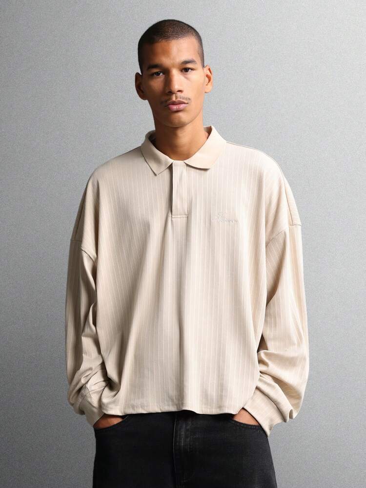 リブ編みテクスチャードロングスリーブポロシャツ（襟付き）