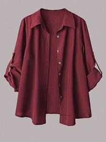 Linhara Ensemble 2 pièces décontracté pour femmes grandes tailles, chemise décontracté/de travail à col rabattu boutonnée d'une seule rangée de couleur unie et pantalon large à taille haute ample - Rouge foncé - Voir 3