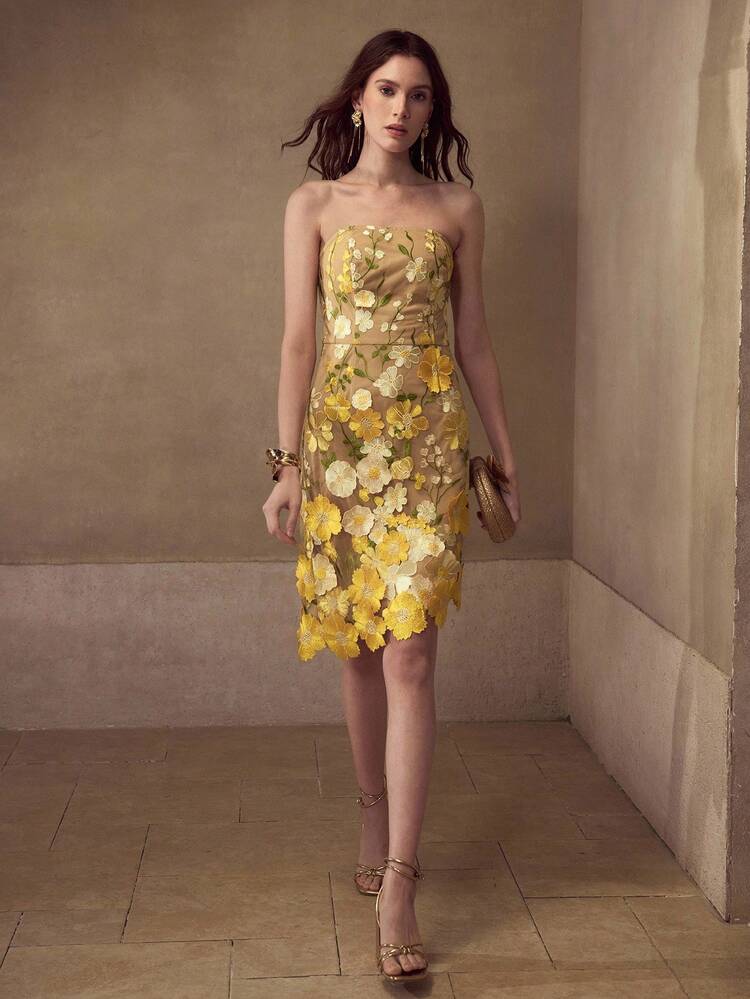 ELEGANT EMBROIDERED ASYMMETRICAL HEM DRESS