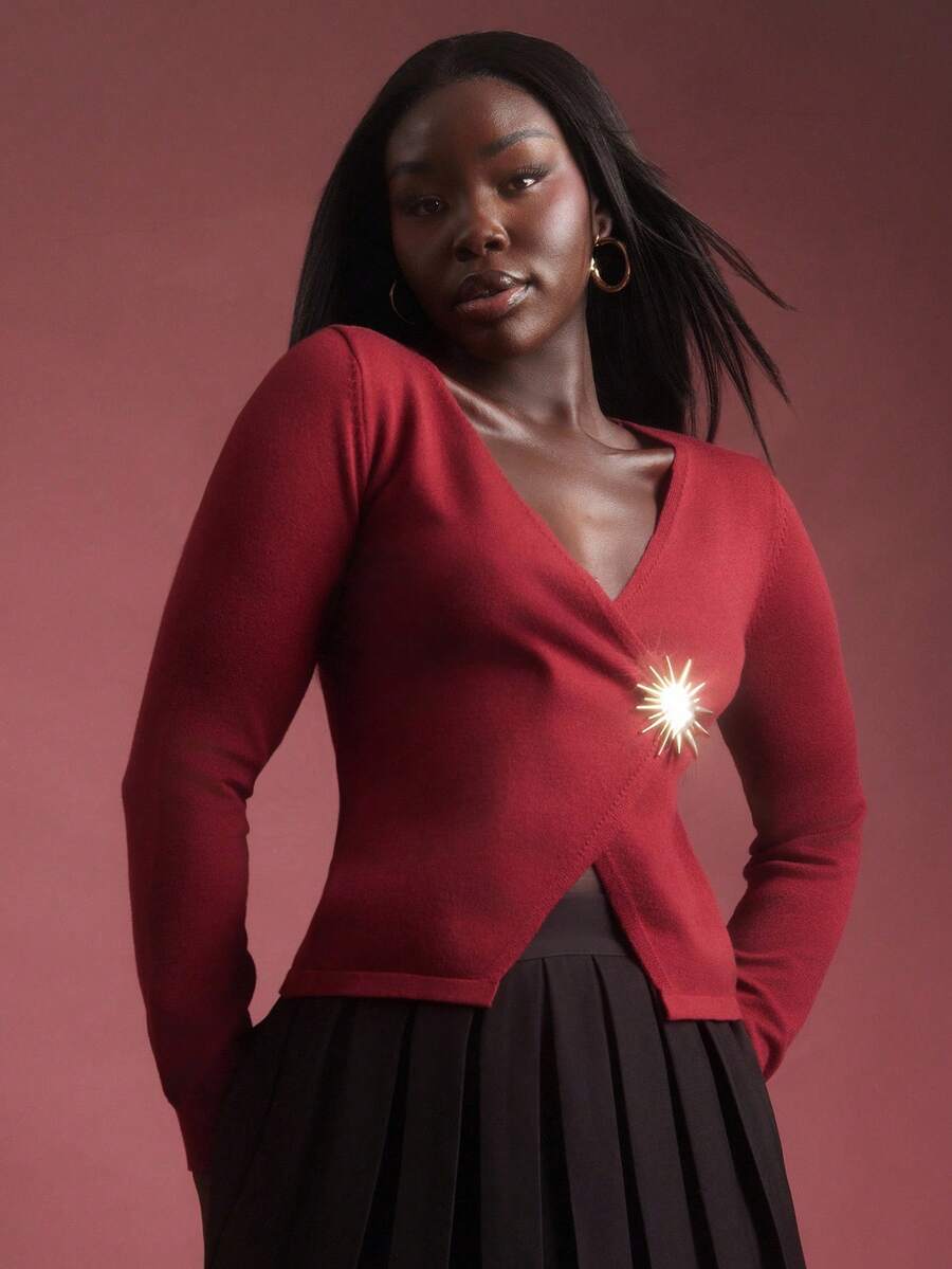 NYA SZN 女款深紅色優雅針織上衣,長袖深V領金屬扣飾修身彈性針織,適合秋季派對街頭穿搭商務休閒早午餐 - 棕色 - 查看 1