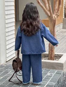 DAZY 2pcs Young Girl Washed Korean Style Brushed Denim Top And Loose Casual Denim Pants Set Fall/Winter - Blue - View 2