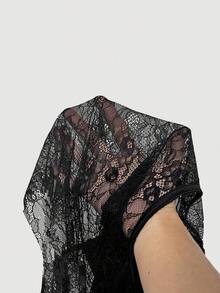 SHEIN MOD 女士时尚性感透明蕾丝喇叭袖T恤 - 黑色 - 查看 5