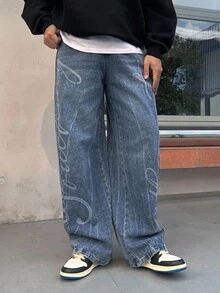 DAZY Autumn Artistic Letter Print Washed Blue Men's Jeans - Blue - View 5