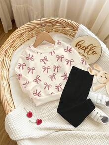 SHEIN Happikins 柔和米白色和黑色，可爱迷你豹纹蝴蝶结图案，女婴休闲针织加厚圆领长袖卫衣和打底裤套装，适合秋冬季节，秋季穿搭，舒适透气，适合宝宝秋季叠穿，时尚百搭，休闲装扮，女婴图案服装，返校季，秋季服装，返校季宝宝套装 - 彩色 - 查看 3