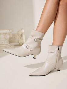 CUCCOO CHICEST 女士秋冬新款闪亮水钻扣侧拉链尖头细高跟鞋优雅通勤百搭时尚舒适米色仿皮踝靴 - 杏色 - 查看 6