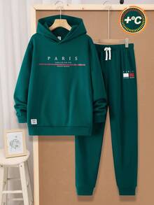 SHEIN Conjunto de sudadera con capucha y pantalones de chándal para adolescentes, estilo escolar casual, cómodo y de moda, versátil, tela suave, adecuado para uso diario, escuela, salidas, deportes al aire libre, otoño/invierno, vuelta al colegio, adecuado para vacaciones - Verde Oscuro - Ver 2