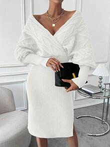 EMERY ROSE Batwing Sleeve Split Hem Wrap Sweater Dress Knitted Co Ord Setknitted Two Pieces Outfitsweater Skirt Setsweater Two Pieces Setwinter Two Pieces Set Elegant Knit Dress Long Sleeve Knit Dress Cream Knit Dress Cable Knit Dress White Knit Dress - White - View 6
