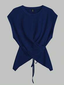 SHEIN Clasi Áo crop top không tay dệt trơn màu buộc eo cho nữ, áo hai dây thanh lịch mùa hè - Màu xanh hải quân - Xem 1
