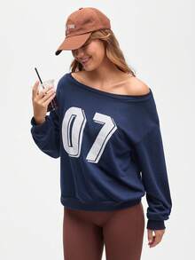 Streetz SHEIN Sport 女式休闲宽松数字印花落肩长袖运动衫 - 藏蓝色 - 查看 7