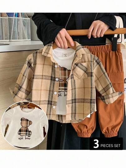 3件套男婴梭织格子休闲衬衫+针织T恤+裤子套装