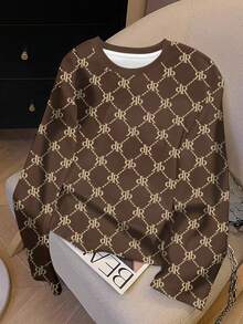 SHEIN Kaos Lengan Panjang Wanita Kasual dengan Motif Cetak Seluruh Permukaan dan Kerah Bulat, Musim Gugur - Coffee Brown - View 3