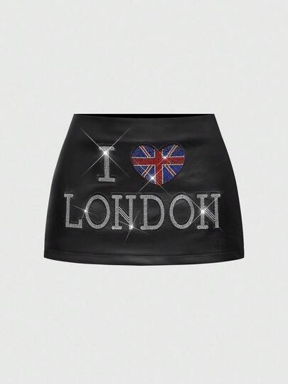 J-Fashion Y2K Retro Rhinestone Embellished Mini Skirt With Low Waist, PU Material
