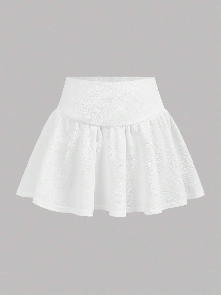 Girlism Teen Girls Solid Color Wide Waistband Ruffle Hem White Mini Skirt,School,Casual Kids Little Skirts - White - View 1