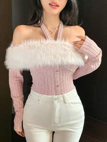 DAZY Women's Blush Pink Autumn Chic Party Top,Fuzzy Brushed Collar Textured Striped Cropped Long Sleeve T-Shirt, Off Shoulder Backless Metal Button - Pink - View 9